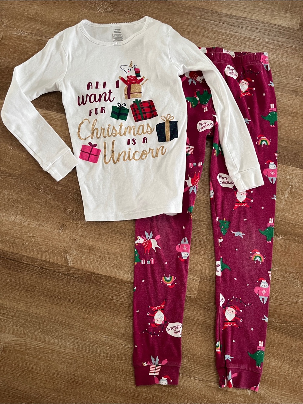 Carter's Girls Burgundy Unicorn Holiday Pajama Set